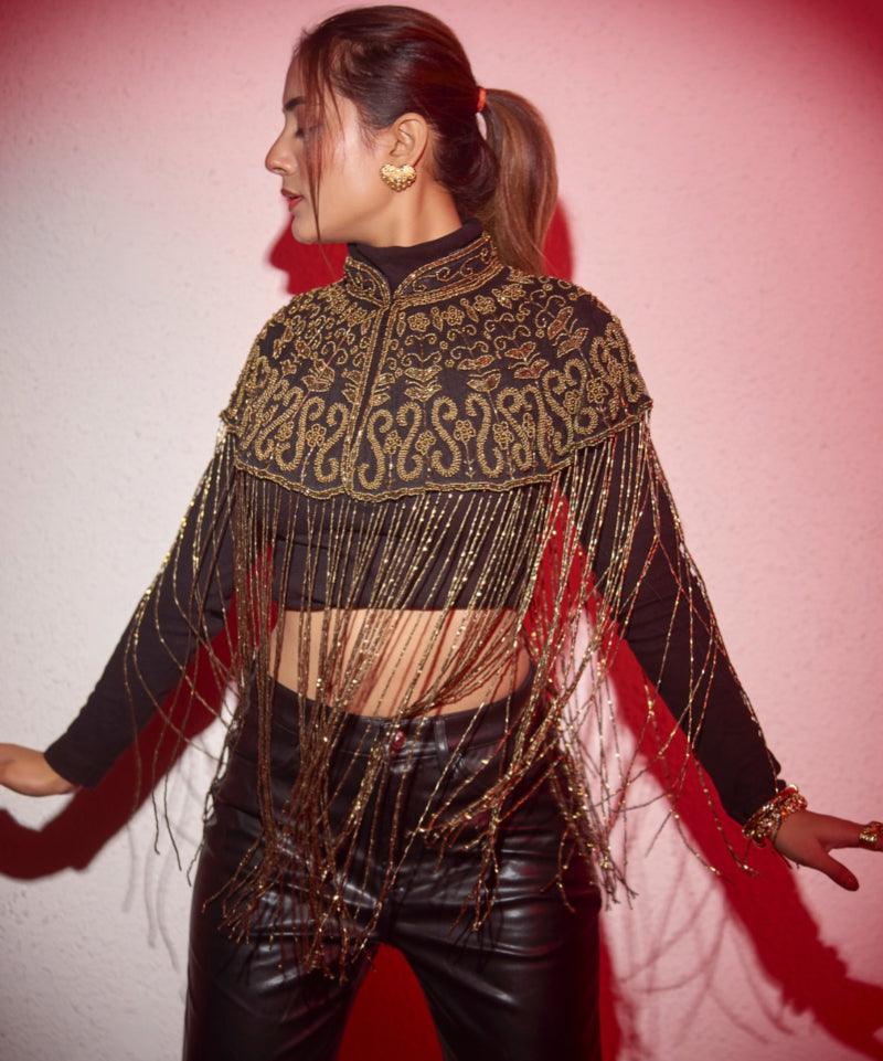 Bohemian Hand Beaded Cape with Shimmer Tassels - Bansri Mehta Design