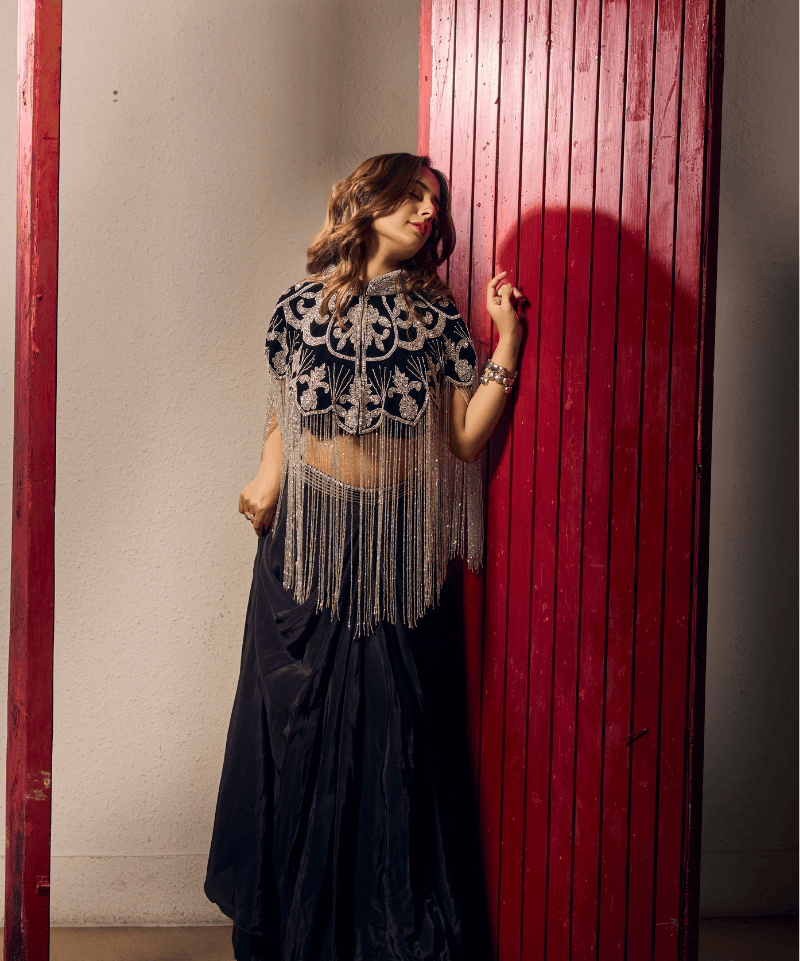 Majestic Velvet Beaded Tassel Cape - Bansri Mehta Design