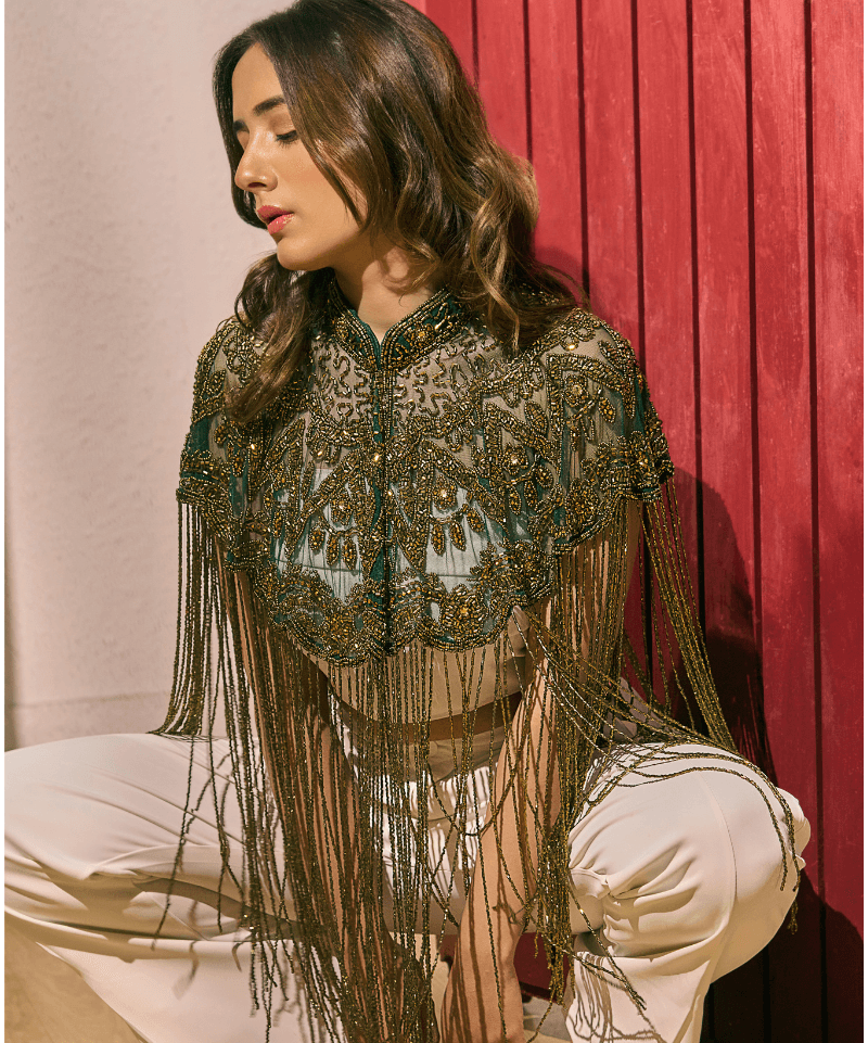 Majestic Emerald Green Tassel Cape - Bansri Mehta Design