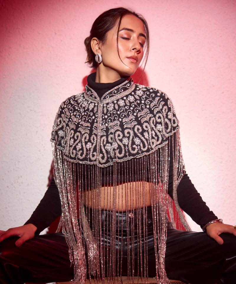 Bohemian Hand Beaded Cape with Shimmer Tassels - Bansri Mehta Design