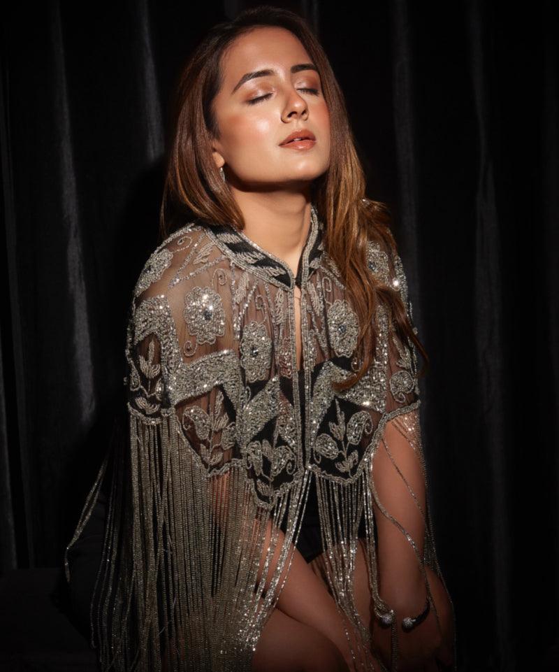 Embroidered Raffia Cape with Tassels - Bansri Mehta Design