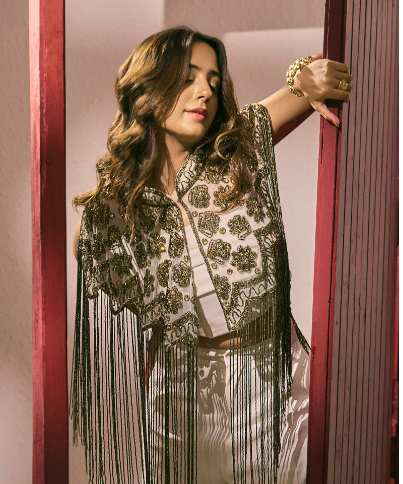 Pearl White Princess Tassel Cape - Bansri Mehta Design