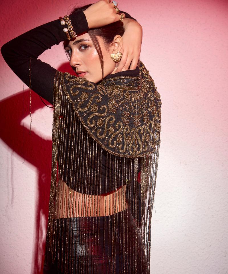 Bohemian Hand Beaded Cape with Shimmer Tassels - Bansri Mehta Design