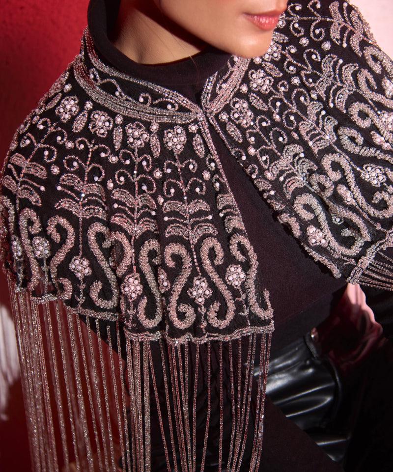 Bohemian Hand Beaded Cape with Shimmer Tassels - Bansri Mehta Design