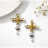 Baroque Cross Pearl Drop Earrings