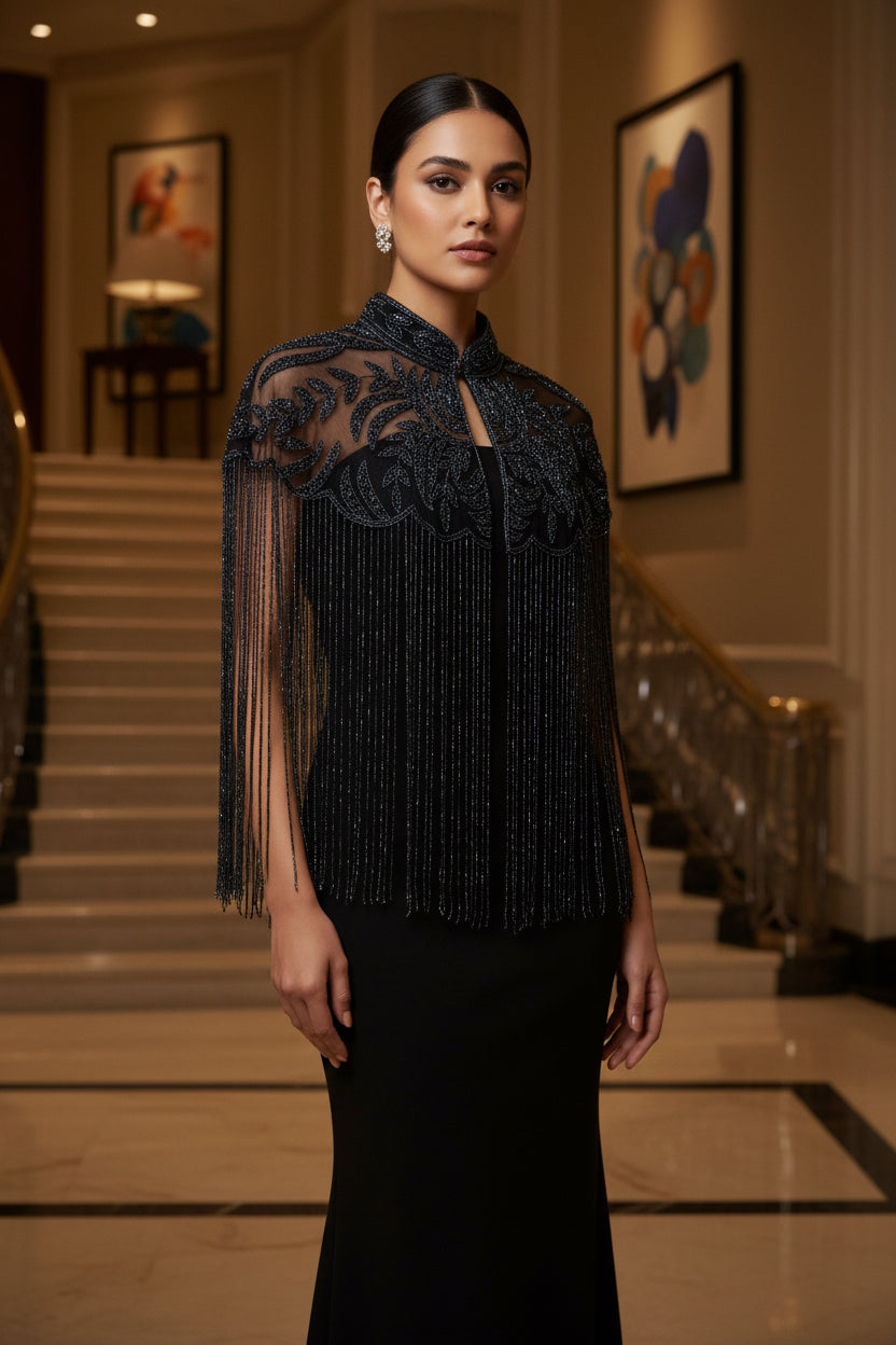 Gleaming Bisou Cape with Tassels - Bansri Mehta Design