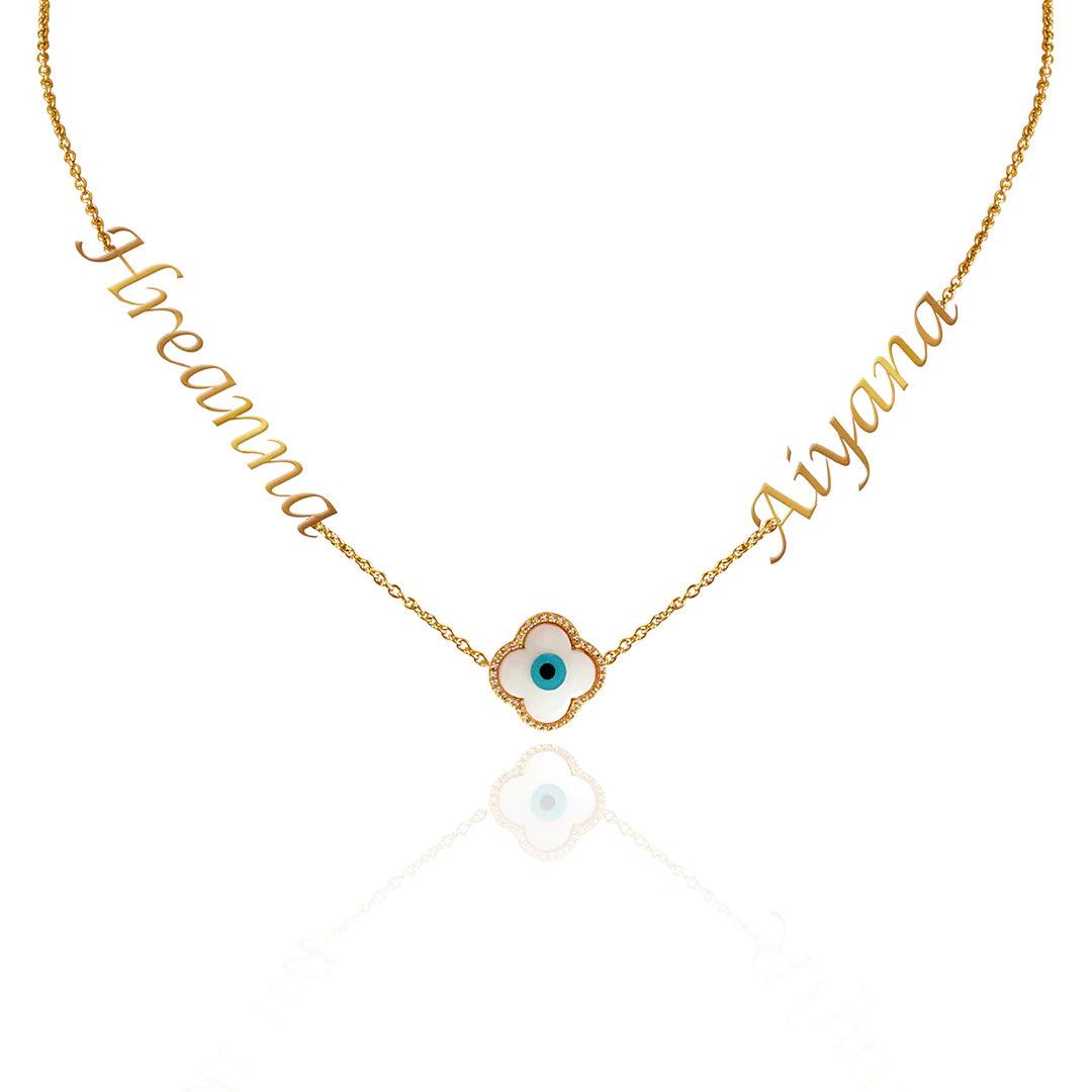 Personalized Double Name Evil Eye Charm Necklace - Bansri Mehta Design