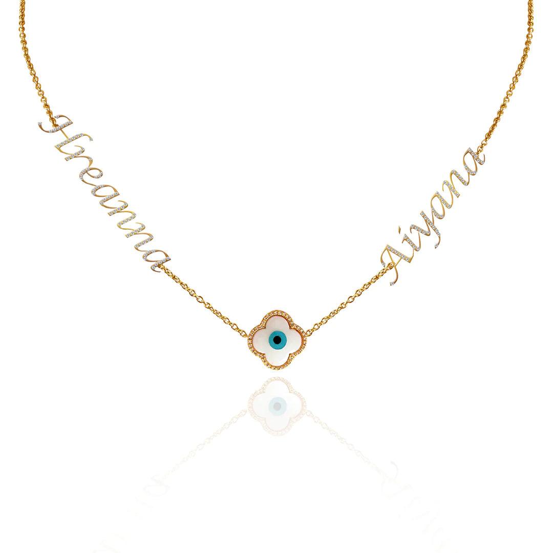 Personalized Double Name Evil Eye Charm Necklace - Bansri Mehta Design