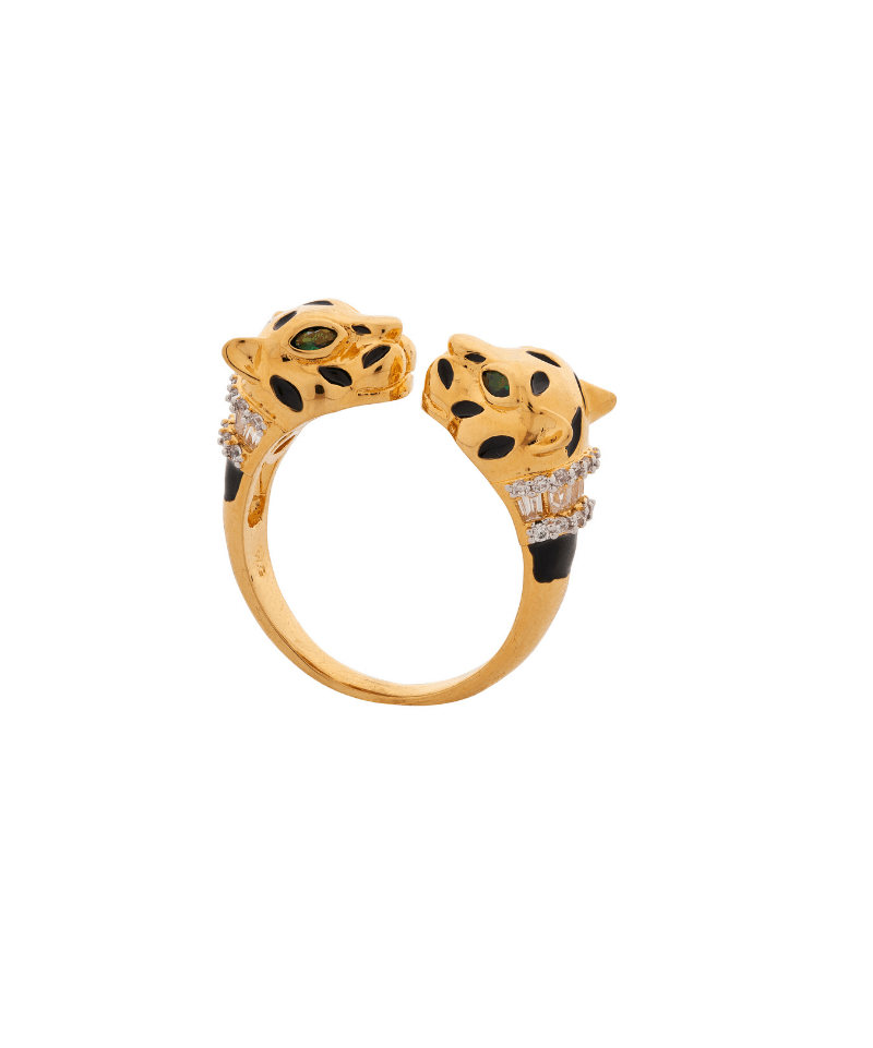 Gold Deux Panthera Headed Necklace, Bracelet Cuff, Earring & Ring - Bansri Mehta Design