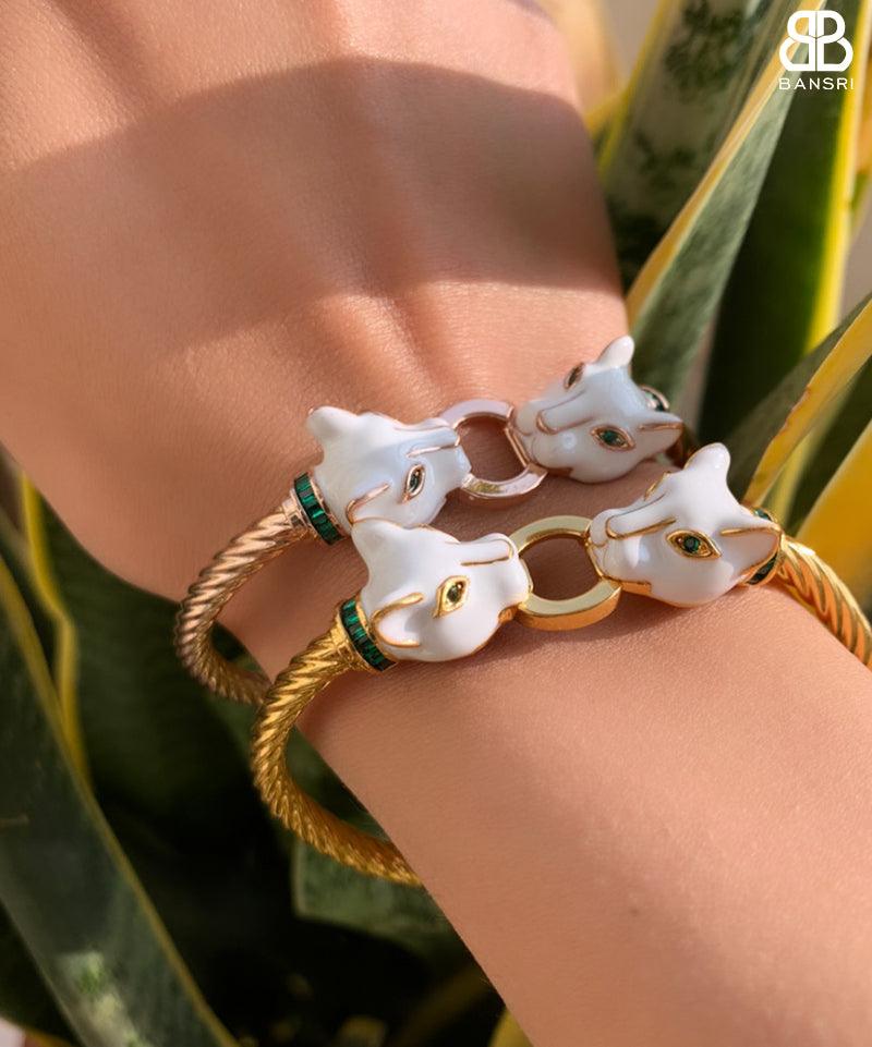 Double Headed Enamel Panther Headed Bangle Bracelet - Bansri Mehta Design