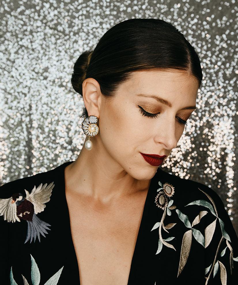 Conch Shell Crystal Encrusted Pearl Drop Earrings - Bansri Mehta Design