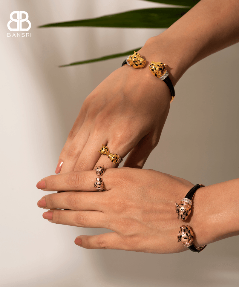 Gold Deux Panthera Headed Necklace, Bracelet Cuff, Earring & Ring - Bansri Mehta Design
