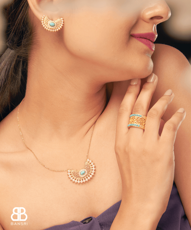 Filigree Carved Crescent Moon Bracelet & Ring Set - Bansri Mehta Design