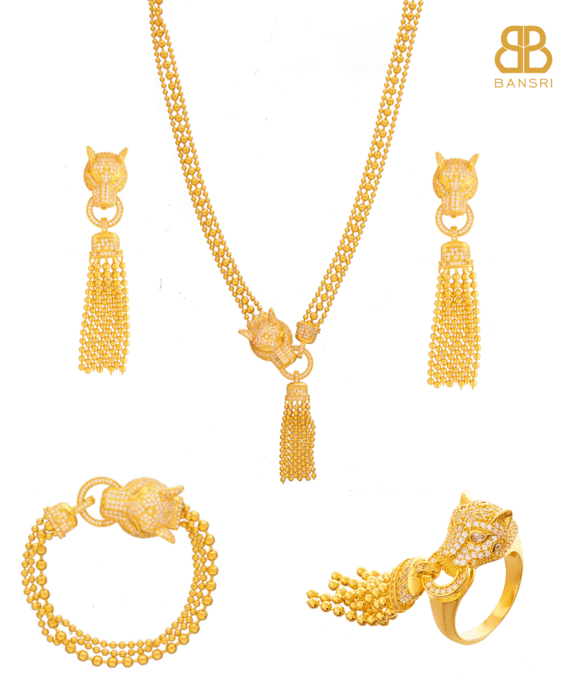 Gold Panther Beaded Necklace, Earring, Bracelet & Ring Set - Bansri Mehta Design