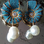 Conch Shell Crystal Encrusted Pearl Drop Earrings - Bansri Mehta Design