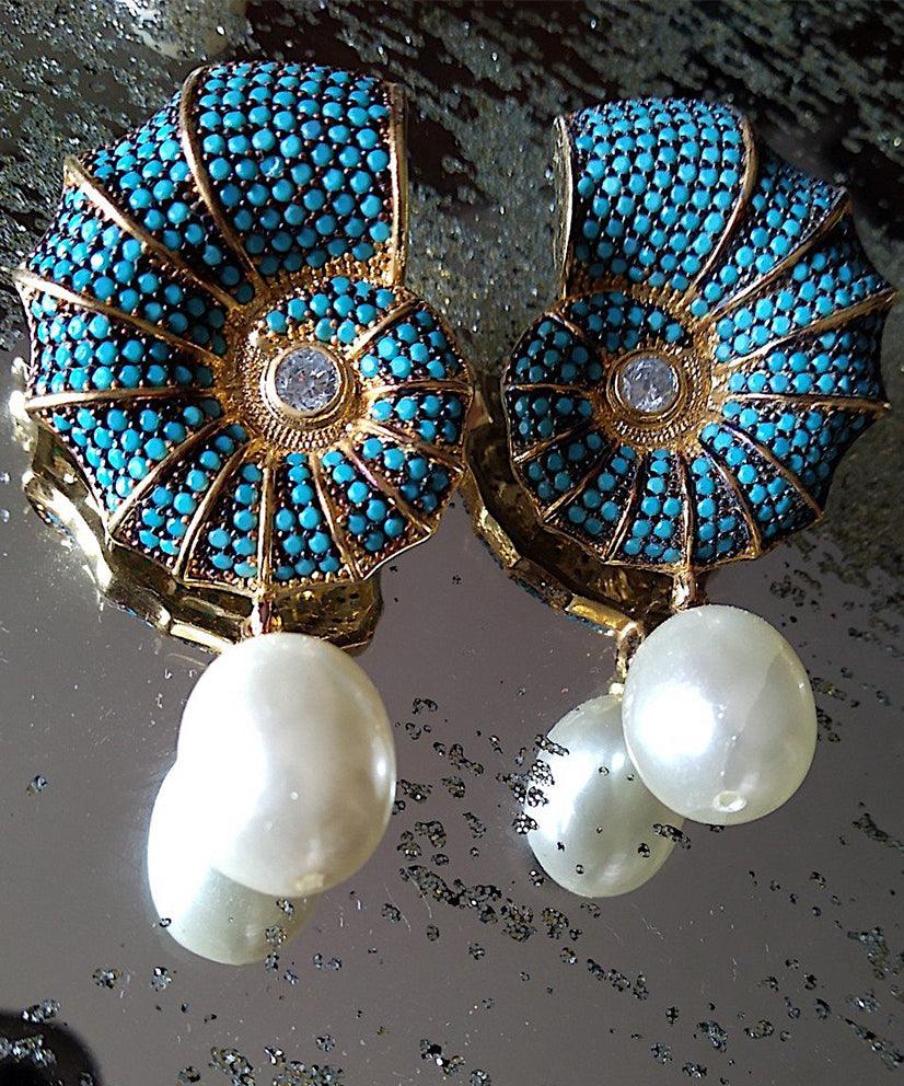 Conch Shell Crystal Encrusted Pearl Drop Earrings - Bansri Mehta Design