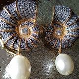Conch Shell Crystal Encrusted Pearl Drop Earrings - Bansri Mehta Design