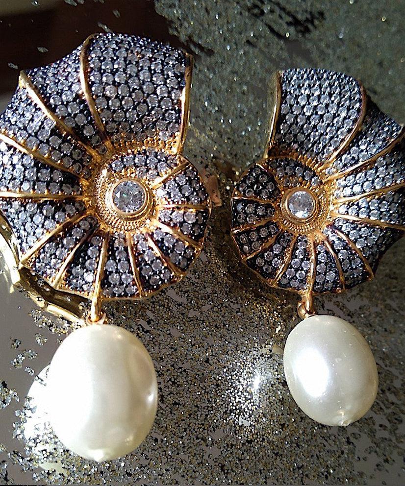Conch Shell Crystal Encrusted Pearl Drop Earrings - Bansri Mehta Design