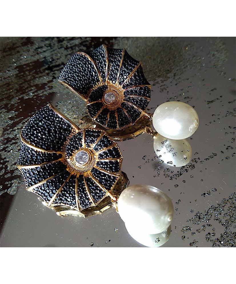 Conch Shell Crystal Encrusted Pearl Drop Earrings - Bansri Mehta Design