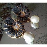 Conch Shell Crystal Encrusted Pearl Drop Earrings - Bansri Mehta Design