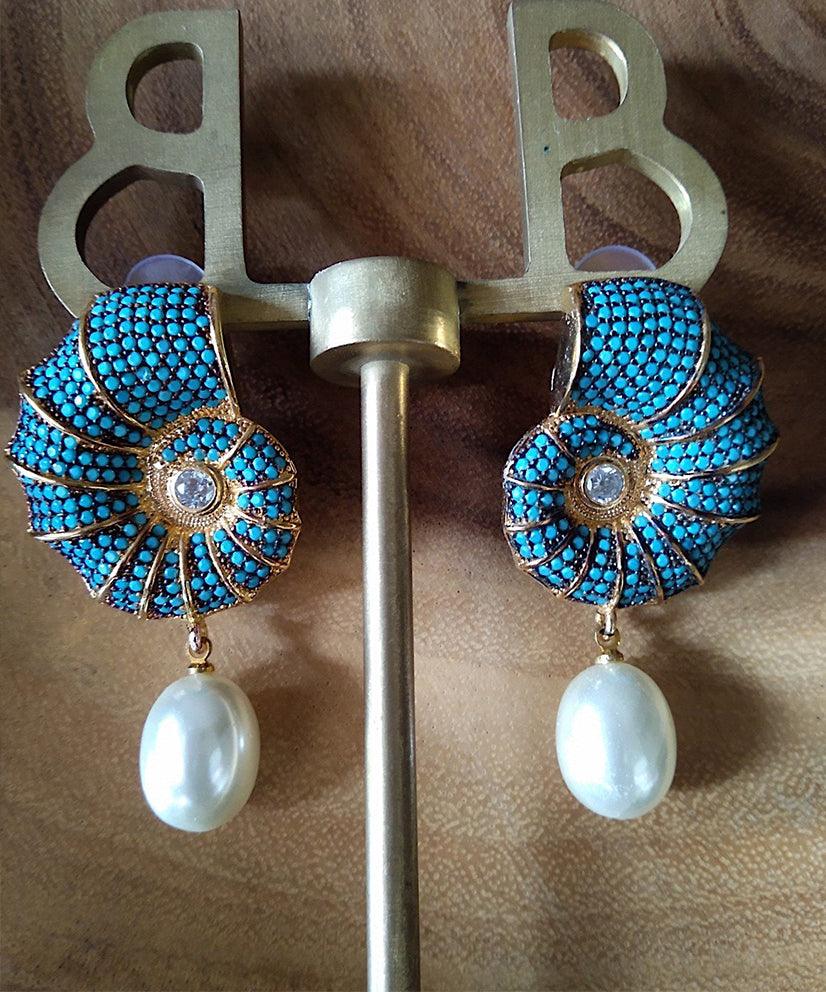 Conch Shell Crystal Encrusted Pearl Drop Earrings - Bansri Mehta Design