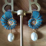 Conch Shell Crystal Encrusted Pearl Drop Earrings - Bansri Mehta Design
