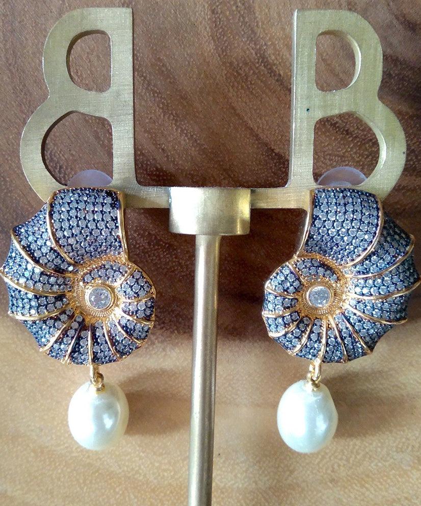 Conch Shell Crystal Encrusted Pearl Drop Earrings - Bansri Mehta Design