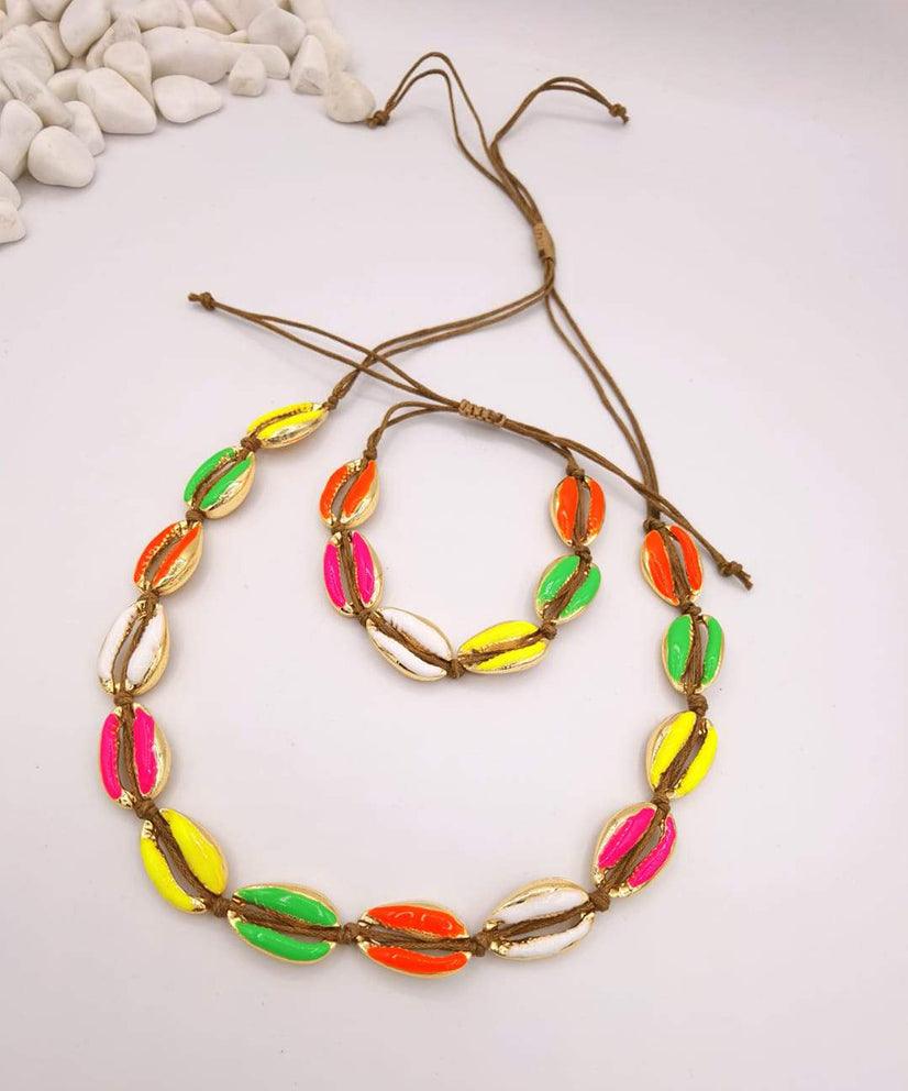 Neon Multicolor Cowrie Shell Necklace & Bracelet/Anklet Set - Bansri Mehta Design