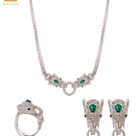 Royal Double Headed Elephant Baguette Collar Necklace, Earring & Ring Set - Bansri Mehta Design