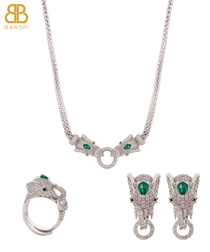 Royal Double Headed Elephant Baguette Collar Necklace, Earring & Ring Set - Bansri Mehta Design