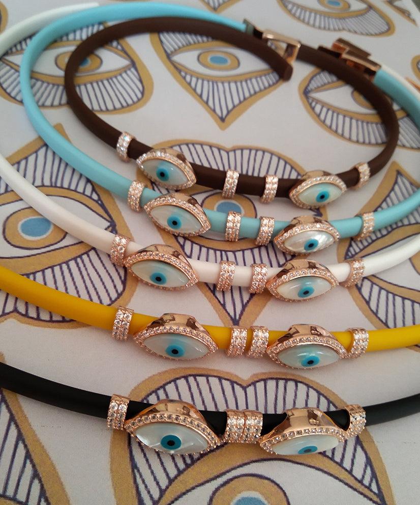 Double Evil Eye Adjustable Wrap Bracelet-Necklace Choker with Swarovski Crystals - Bansri Mehta Design