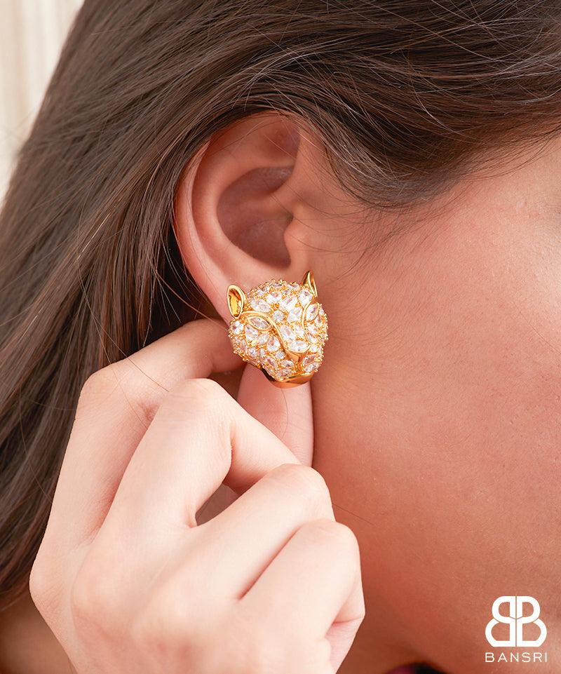 Chunky Crystal Encrusted Panther Head Stud Earrings - Bansri Mehta Design