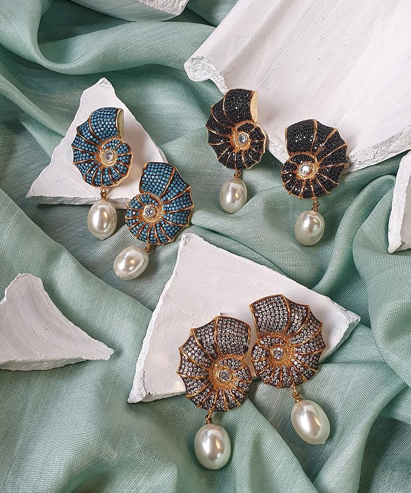 Conch Shell Crystal Encrusted Pearl Drop Earrings - Bansri Mehta Design