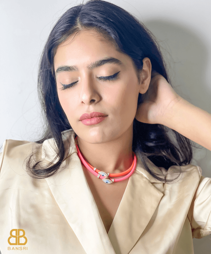 Double Evil Eye Adjustable Wrap Bracelet-Necklace Choker with Swarovski Crystals - Bansri Mehta Design