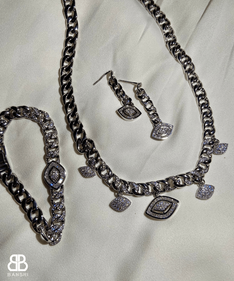 Cuban Link Evil Eye Necklace, Bracelet & Earring Set - Bansri Mehta Design