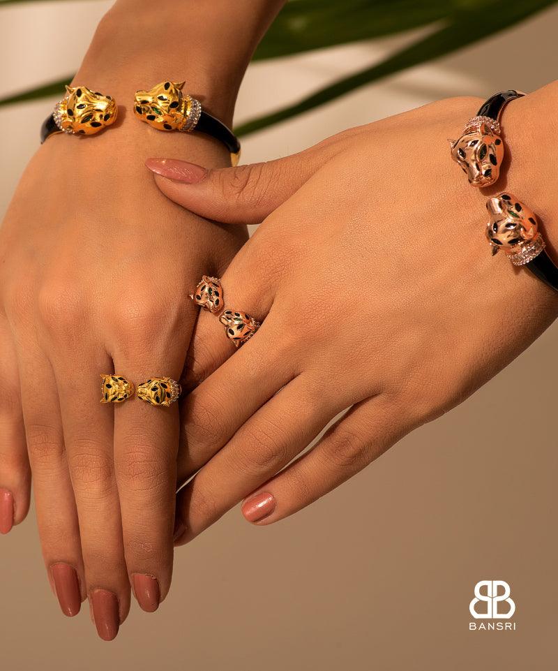 Gold Deux Panthera Headed Necklace, Bracelet Cuff, Earring & Ring - Bansri Mehta Design