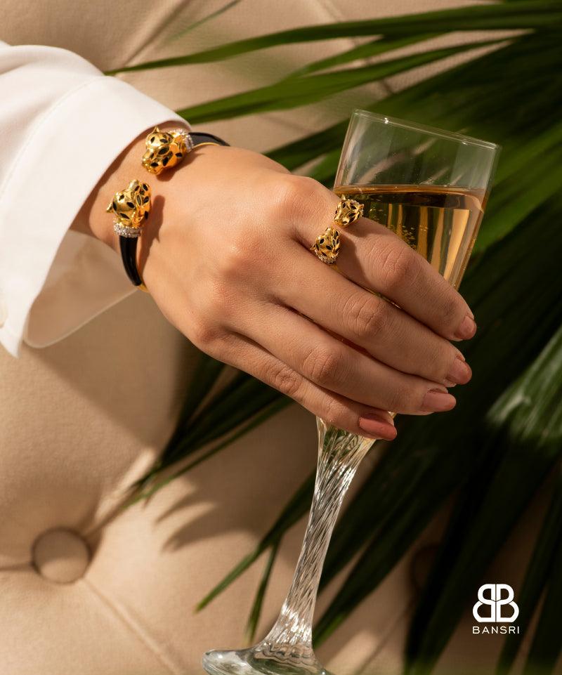 Gold Deux Panthera Headed Necklace, Bracelet Cuff, Earring & Ring - Bansri Mehta Design