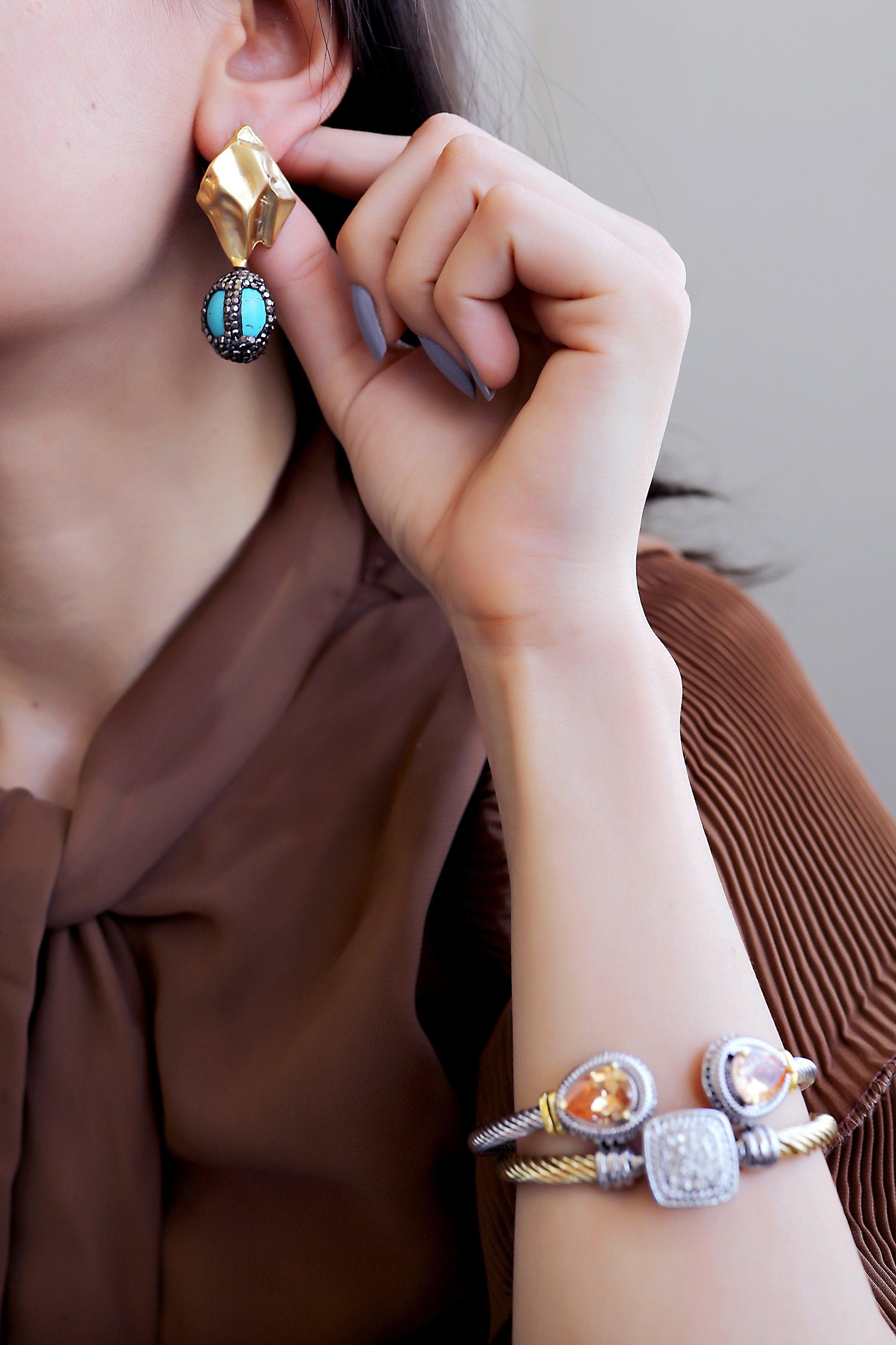 Aliya Encrusted Turquoise Drop Earrings - Bansri Mehta Design