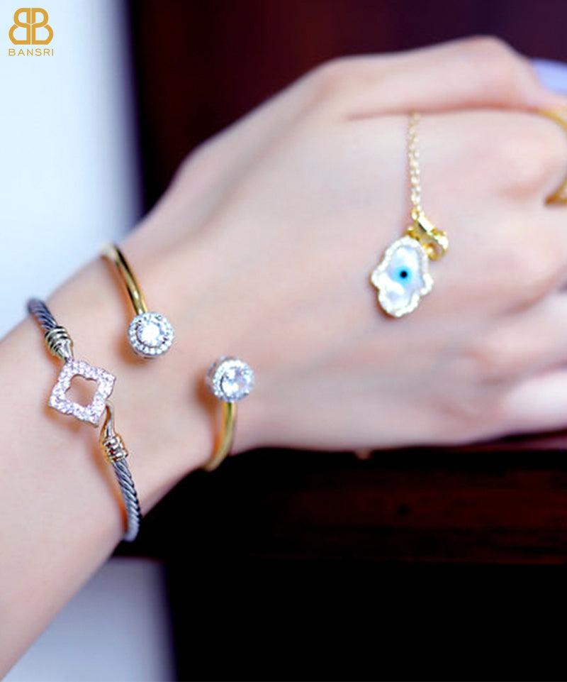 Heart Double Solitaire Flexi Bangle Bracelet & Stud Earrings Set - Bansri Mehta Design
