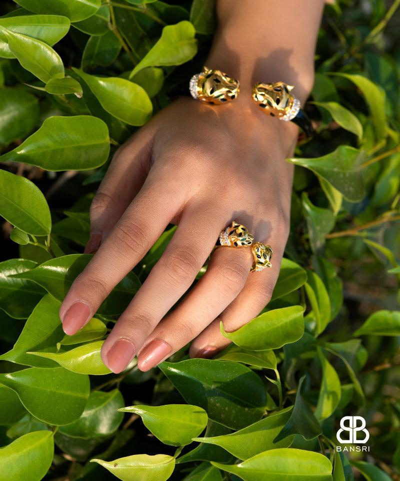 Gold Deux Panthera Headed Necklace, Bracelet Cuff, Earring & Ring - Bansri Mehta Design