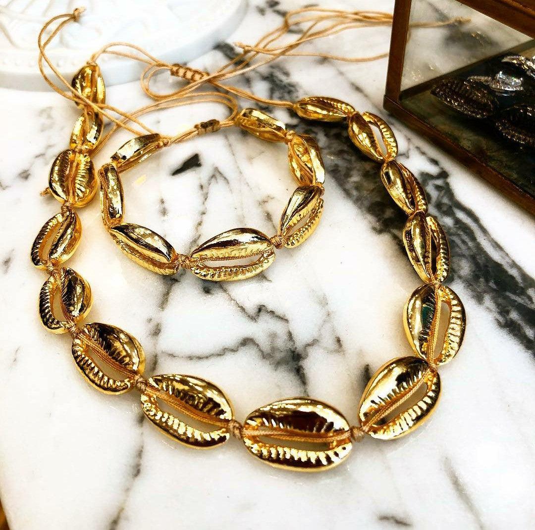 Gold Cowrie Shell Necklace & Bracelet/Anklet Set - Bansri Mehta Design