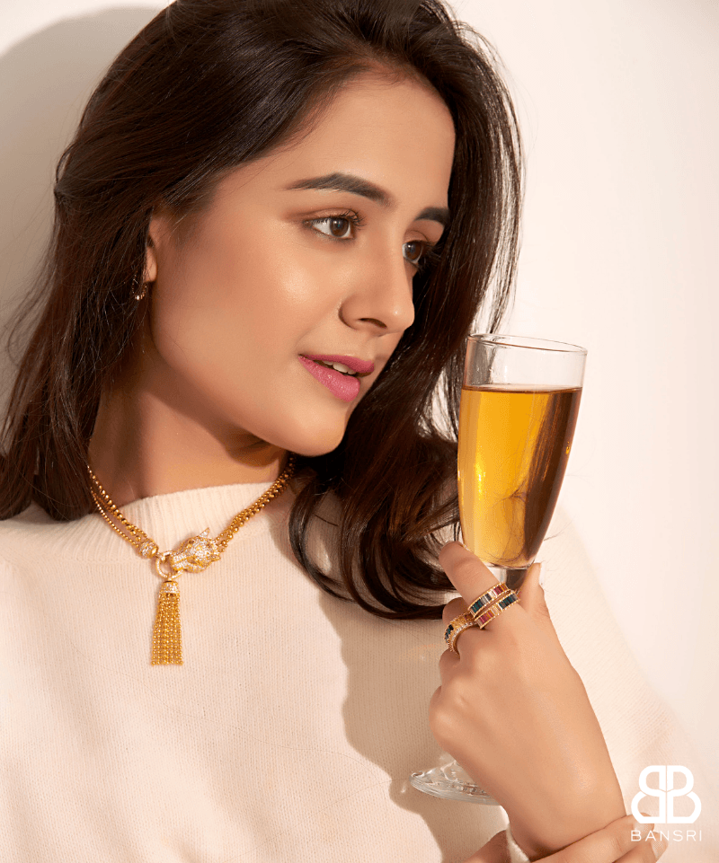 Gold Panther Beaded Necklace, Earring, Bracelet & Ring Set - Bansri Mehta Design