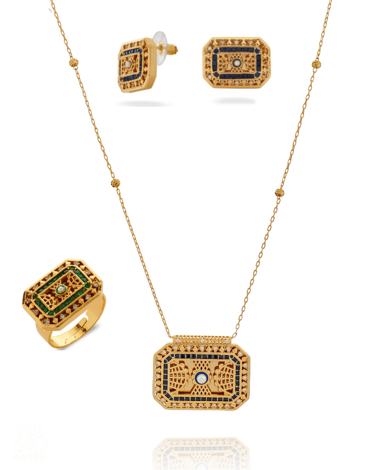 Junoon Hand Carved Necklace, Earring & Ring Set - Bansri Mehta Design
