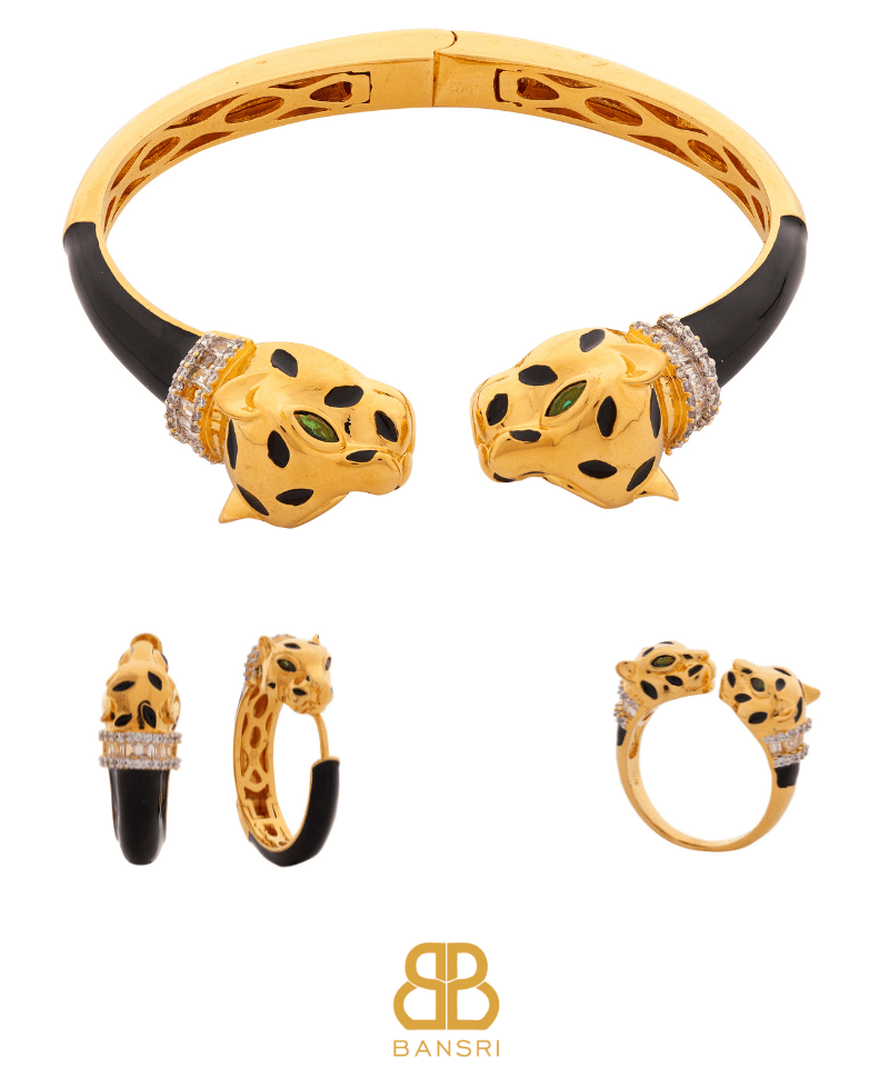 Gold Deux Panthera Headed Necklace, Bracelet Cuff, Earring & Ring - Bansri Mehta Design