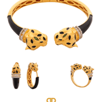 Gold Deux Panthera Headed Necklace, Bracelet Cuff, Earring & Ring - Bansri Mehta Design