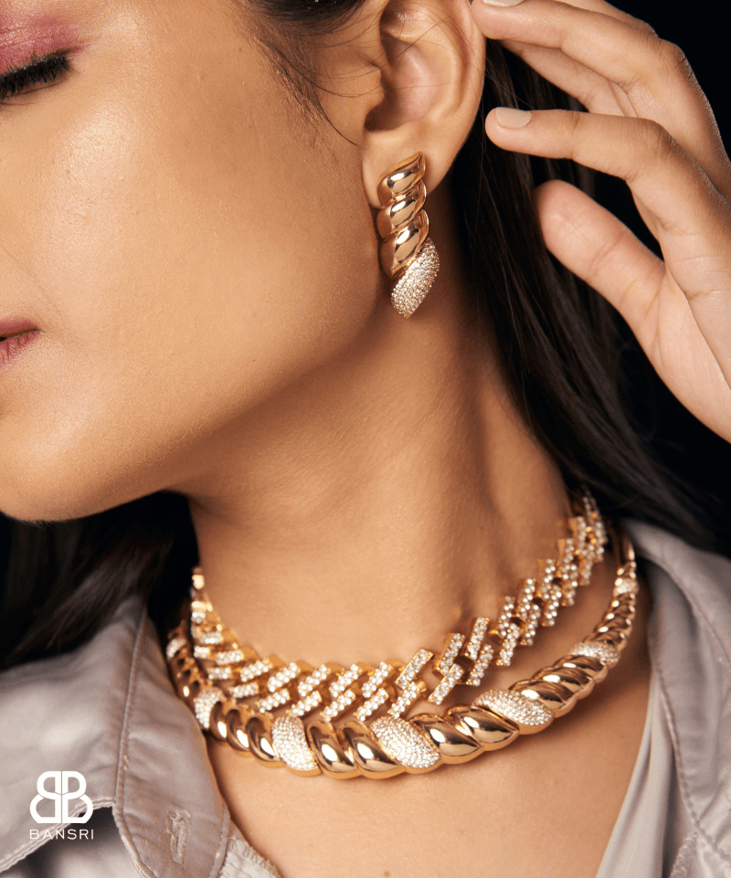 Gold Twisted Crystal Studded Collar Choker Necklace & Earring Set - Bansri Mehta Design