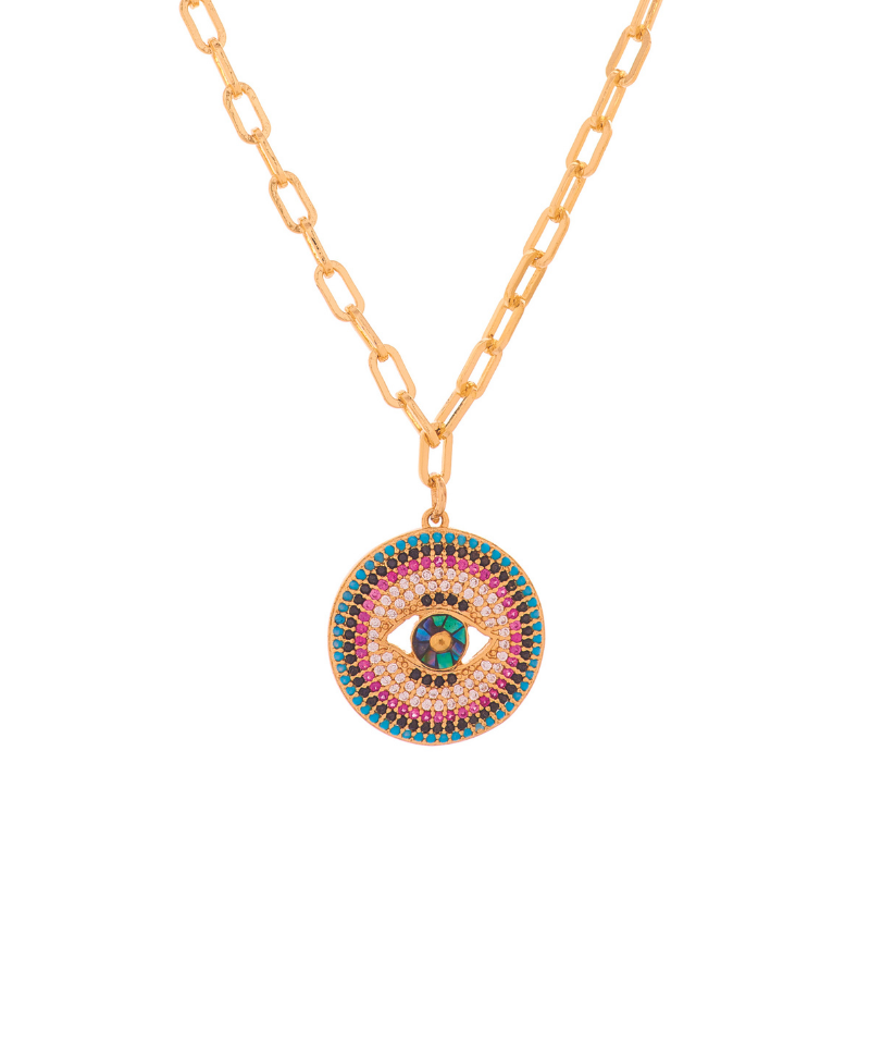 Multi Colored Medallion Evil Eye Cutout Disc Detachable Pendant Link Necklace