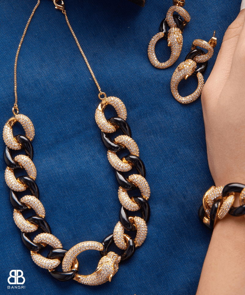 Cuban Link Twister Panther Necklace, Bracelet & Earring Set - Bansri Mehta Design
