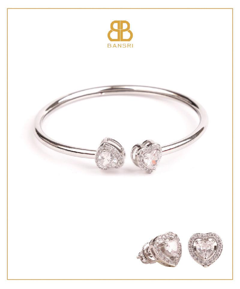 Heart Double Solitaire Flexi Bangle Bracelet & Stud Earrings Set - Bansri Mehta Design