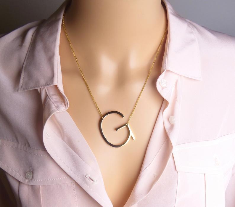 Sideway Big Initial 18k Gold Plated A-Z Pendant Necklace - Bansri Mehta Design
